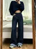 Jeans de Pierna Recta con Parches a Cuadros Estilo Retro Americano para Mujer Otoño Nuevo Diseño de Talla Grande Pantalones de Pierna Ancha Sueltos Adelgazantes