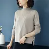 Suéter estilo coreano com gola alta meia para mulheres, pulôver, novo suéter casual de tricô solto para outono e inverno com fenda na barra