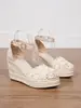 Sandalias de Moda de Comercio Exterior para Mujer Estilo Nuevo Sandalias de Cuña Punta Cerrada Plataforma Impermeable de Suela Gruesa Sandalias con Correa al Tobillo de Cuerda de Cáñamo de Paja