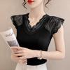 Camisola de Encaje para Mujer Verano 2025 Nuevo Estilo Coreano Sexy Cuello V Camiseta Básica Ajustada