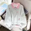 Sudadera de Otoño con Pajarita y Bordado en Contraste, Cuello Polo Estilo Preppy, Sudadera Nueva para Niñas, Moderna y Elegante para Primavera y Otoño