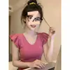 Camiseta de tricô rosa choque de manga curta para mulheres, novo estilo de verão, sexy e estilosa, top curto e bonito