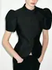 Aliexpress 2026 Blusa de Gola Alta com Manga Bufante Estilo Europeu e Americano, Blusa Curta Elegante Estilo Socialite com Gola Alta Vintage