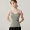Prenda exterior de encaje de cuatro lados con cuello en V, capa interior, top de tirantes finos sin mangas de punto de alta elasticidad, camisola de cachemira para mujer