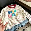 Camiseta de Manga Larga a Rayas de Algodón Puro, Nueva Moda Primavera y Otoño para Niños, Estilosa y de Corte Holgado, Camiseta Básica Versátil para Niños Mayores