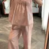 Conjunto de dos piezas de pijama para mujer estilo francés con ribete de encaje, color rosa nude suave, para verano, talla grande, camisola y pantalón largo, dos piezas de ropa para el hogar amigable con la piel