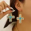 Joias Europeias e Americanas Transfronteiriças Moda Retrô Cruz com Pingente de Turquesa Cravejado de Diamantes Conjunto de Colar Brincos Pulseira Joias para Mulheres