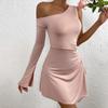 Vestido Cruzado de un Hombro 2024 Estilo Europeo y Americano Sexy Escote Asimétrico Hueco Mangas de Campana Abertura Lateral Vestido Corto Mangas Largas Laterales