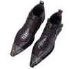 Botas de Cuero Altas con Cremallera Lateral y Doble Hebilla Transfronterizas, Empeine con Relieve de Cocodrilo, Punta Metálica, Dropshipping