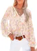 Nova Roupa Feminina Europeia e Americana Outono/Inverno Blusa de Chiffon com Decote V Manga Lanterna Feminina Camisa de Chiffon Floral com Estampa de Sangue