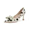 7666-6-238 Tacones de Aguja de Punta Fina con Lazo de Lunares para Mujer, Diseño Bajo, Zapatos de Salón Versátiles Elegantes para el Trabajo