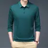 Camiseta de manga larga para hombre de primavera y otoño, camiseta Polo informal de color liso de seda helada para jóvenes, camiseta básica, moda masculina, envío directo de una pieza