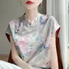 Nova blusa feminina de cetim estampada estilo chinês, manga curta, top respirável e amigável à pele, nova camiseta de verão em seda sintética com gola alta