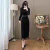 Vestido de Terciopelo Otoño e Invierno Tallas Grandes con Borlas Empalmadas Abalorios Pesados Elegante Ajustado de Terciopelo Tela de Punto Negra