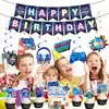 Decoraciones para fiesta de cumpleaños de pastel con temática de juego de neón transfronterizo, incluyendo adornos colgantes, pancartas y centros de mesa.