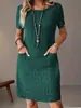 Roupas Femininas Europeias e Americanas de Venda Quente Transfronteiriça para 2025 em Plataformas Independentes e Amazon: Vestido de Cor Sólida com Gola Redonda, Franzido, Manga Longa e Caimento Justo