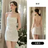 Conjunto de camisola y bata Gueri de terciopelo dulce con estampado de lunares, escote pronunciado, espalda con cordones, seductor, sin espalda 7843