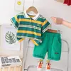 Conjunto de Camisa Polo Listrada de Verão para Meninos, Conjunto de Duas Peças com Shorts de Manga Curta, Estilo Coreano Moderno Roupas Casuais para Bebês e Crianças