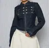 Top Vintage de Punto Transfronterizo Estilo Corte Otoñal Retro con Doble Fila de Botones Metálicos, Cuello Alto, Cremallera, Ceñidor en la Cintura, Corte Delgado, Chaqueta de Trabajo