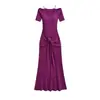 Vestido Elegante y Relajado de Hombros Descubiertos con Cintura Ceñida, Corte Ajustado, Diseño Estilizado y Lazo en la Cintura, Falda Larga Estilo Sirena