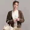 Cárdigan de punto de dos piezas color melardo, con bloques de color, suéter holgado y favorecedor para otoño, versátil y moderno