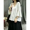 Top de algodão e linho com decote V e mangas sino, emagrecedor e rejuvenescedor, camisa babydoll que disfarça a barriga