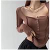 Camiseta feminina de manga comprida estilo europeu, americano, japonês e coreano, corte curto e justo, para meninas sensuais, pura, que querem construir uma camisa de baixo interna, comércio exterior da Amazon