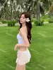 Nuevo bikini strapless de estilo ins puro deseo, traje de baño de dos piezas femenino estilo resort para bustos pequeños + falda fruncida