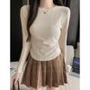 Camiseta de manga larga irregular sencilla de estilo Hong Kong para mujer, de primavera y otoño, ajustada y con cintura adelgazante, con base interior.