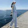 Conjunto Casual Esportivo Jovem Super na Moda para Mulheres, Estilo Coreano de Verão, Muito Estiloso, Camisa Polo de Manga Curta e Calça de Pernas Largas, Conjunto de Duas Peças Leve
