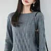 Suéter de punto de algodón puro estilo francés con crochet calado y cuello redondo para mujer, top holgado y suave, jersey suave, capa base