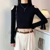 Top preto patchwork de gola semi-alta com ombros vazados e barriga à mostra, camisa base justa de manga longa para primavera e verão, moderno
