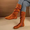 Botas Largas de Tacón Grueso Apilado Otoño Invierno para Mujer, Botas Altas Planas Arrugadas Mate, Botas Largas Estilo Caballero Western Retro