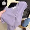 Nuevo top de punto de manga corta estilo coreano, suave y chic, con cuello retorcido para mujer, versátil en morado y amarillo, con etiquetas