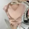 Tejido de Hilo de Seda Helada Hecho en Europa Delgado de Verano Rayas Manga Corta Cuello en V Diseño Ajustado Sentido del Diseño Camiseta Base de Nicho Top para Mujer