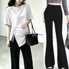 Conjunto de duas peças de moda gestante estilo coreano para o verão, camiseta de cor sólida irregular com cordão, calça flare de cintura alta plus size que cobre a barriga e emagrece