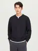 Sudadera Negra Redonda de Dos Piezas Falsas Woog2005 para Hombre Nuevo Estilo Primavera y Otoño Ajuste Holgado con Cuello Henley Mangas Largas