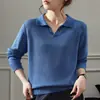 Suéter Tricô de Linho Feminino Estilo Vintage Old Money Outono 2026 Novo Gola Polo Manga Longa Solta Camisa Básica