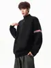 Suéter listrado color-block com zíper parcial e gola alta, estilo old money, unissex, modelagem solta, casual, malha plus size para outono e inverno