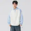 Moletom Masculino de Tecido Pesado Dupla Face com Gola Lapela para Primavera e Outono 2025 Novo Costura Listrada Manga Raglan Gola POLO Solto Manga Longa