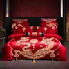 Conjunto de cama de luxo para casamento com dragão e fênix em vermelho vivo, conjunto de quatro peças, roupa de cama de casamento para o noivo, colcha de noiva para a noiva