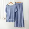 Conjunto de Pijama Casual Duas Peças Feminino de Modal com Gola Redonda e Manga Curta com Calça de Perna Larga Roupas de Casa Tamanho Plus Size Solto