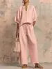 2026 Verano Nuevo Ropa Femenina Europea y Americana Transfronteriza Casual Holgado Color Sólido Cremallera Cuello Redondo Pantalones de Pierna Ancha Conjunto Mujer