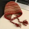 Sombrero de Punto Retro Marrón Merade para Circunferencia de Cabeza Grande para Mujer, Sombrero de Invierno con Orejeras y Cordones, Hace que la Cara Parezca Más Pequeña, Sombrero de Punto Cálido
