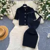 Conjunto de duas peças branco de tricô estilo casual para mulheres, cardigã de manga curta de verão, vestido tipo regata de cintura alta, look elegante