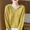 Sudadera con capucha de punto de otoño e invierno 100% lana de alta gama lista para usar, suéter con capucha suelto y suave, sudadera básica para mujer