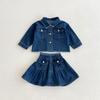 Chaqueta de mezclilla estilo coreano para niñas otoño 2026 con solapa y mangas largas, conjunto de falda plisada para niños de 1 a 8 años