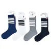 Calcetines Tb de Cuatro Rayas y Cuatro Colores hasta la Pantorrilla con Etiqueta de Tela, Calcetines de Algodón Estilo Japonés hasta la Rodilla, Calcetines Versátiles Casuales de Moda, Absorbentes de Sudor