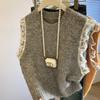 Chaleco de Punto sin Mangas con Encaje Vintage para Mujer Otoño e Invierno Cuello Redondo Estilo Holgado Perezoso Suéter Top Estilo Occidental