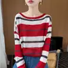 Nuevo top de punto de lino de bambú de cuello redondo para primavera y verano, camisa base vintage de manga larga con bloques de color y rayas anchas finas para protección solar para mujer